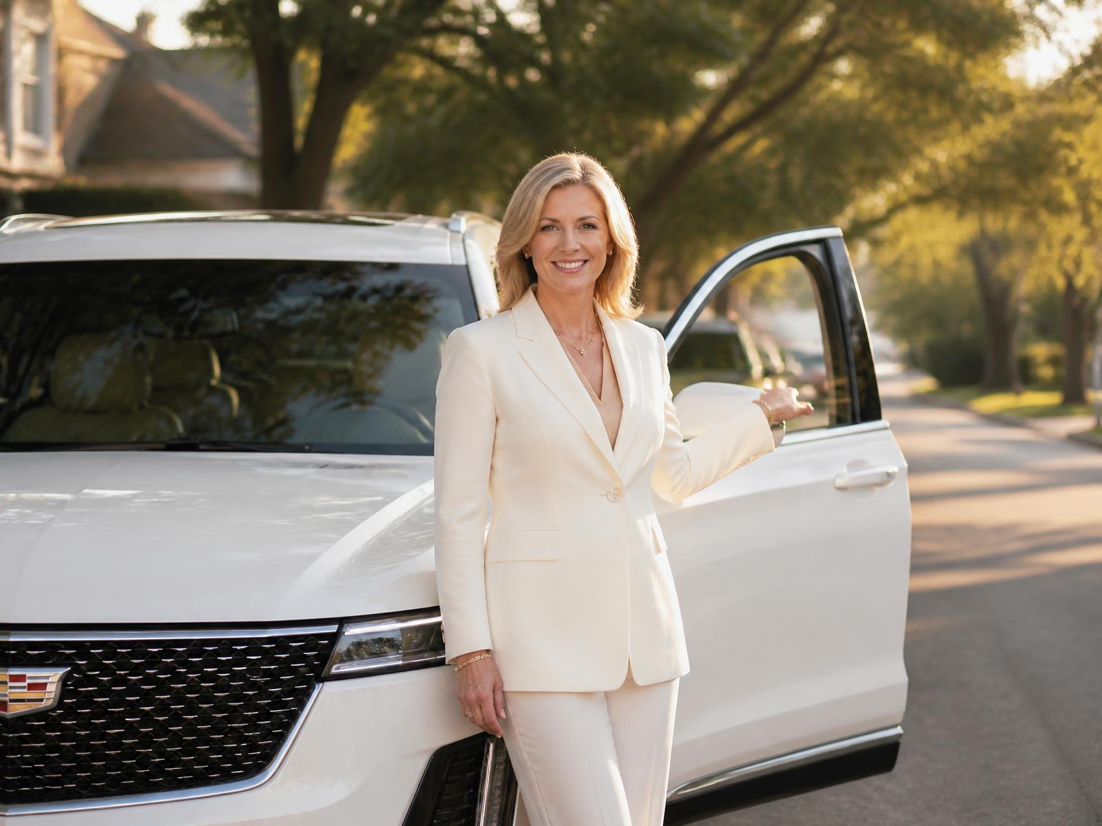 Daisy Concierge Services owner, a blonde woman, standing beside her white Cadillac XT6